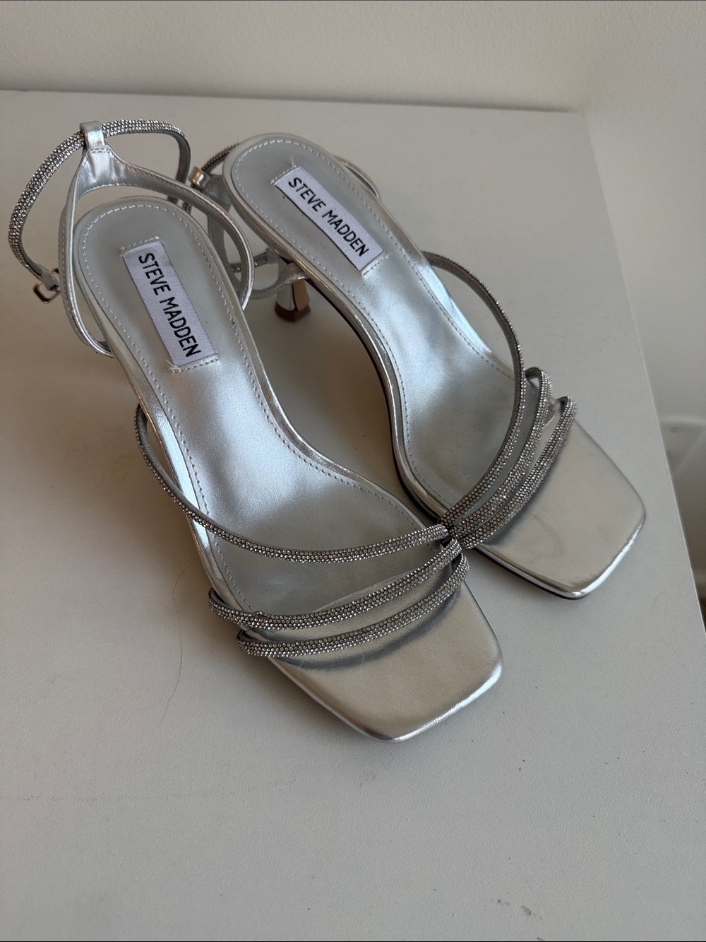 Steve Madden Metallic Silver Rhinestone Strap Heels